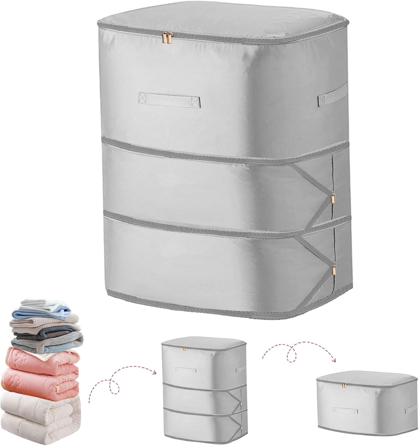 Comforter Self Compression Storage Bags, Large Capacity Blanket Storage Bags with Zipper 3-Layer Ultra Space Saving Organizer, Washable Bags, Grey